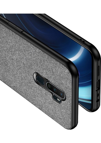 Oppo A5 2020 - Oppo A9 2020 Fabrik Serisi Kumaş/Deri Desen Kılıf Gri modelleri
