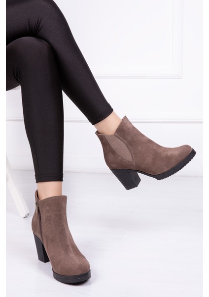 Deri Boz Kahve Süet Günlük Kadın Topuklu Bot TRC49-3775