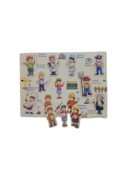 İngilizce Meslekler Figürlü Ahşap Tutmalı Puzzle 11 Parça