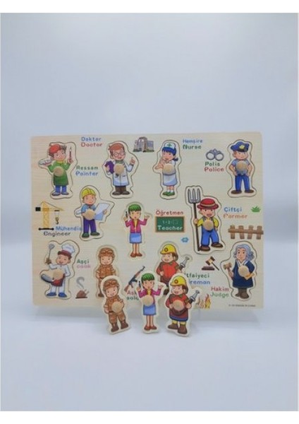İngilizce Meslekler Figürlü Ahşap Tutmalı Puzzle 11 Parça