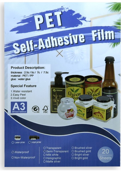 Şeffaf Yapışkanlı Fotoğraf Kağıdı A3 20 Sayfa