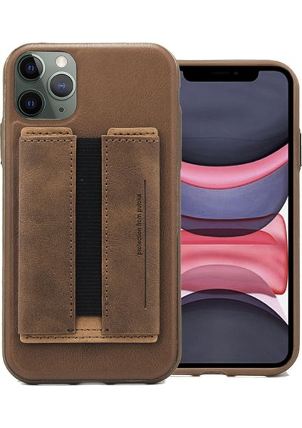 Apple iPhone 11 Pro Max Kılıf Deri Görünüm Kart Gözlü Standlı Arka Kapak Pouch Kahverengi