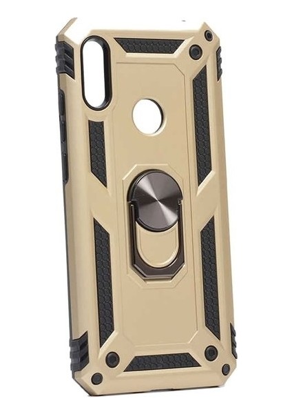Huawei Y6s 2019 Kılıf Çift Katmanlı Yüzüklü Manyetik Vega Kapak Gold + Tam Kaplayan 5D Cam Ekran Koruyucu