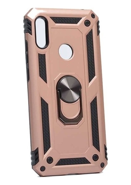 Huawei Y6s 2019 Kılıf Çift Katmanlı Yüzüklü Manyetik Vega Kapak Rose + Tam Kaplayan 5D Cam Ekran Koruyucu