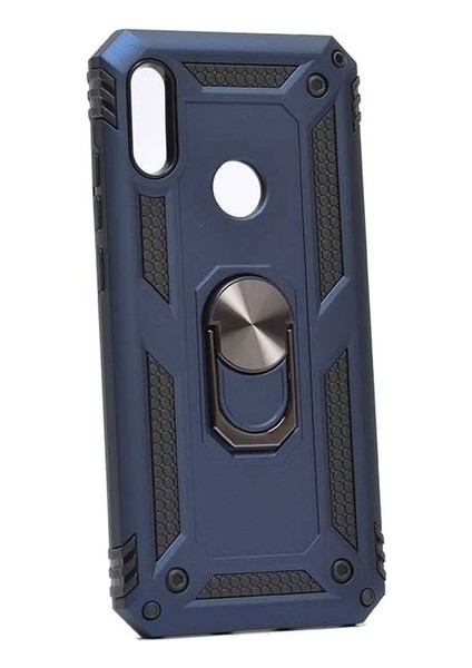 Huawei Y6s 2019 Kılıf Çift Katmanlı Yüzüklü Manyetik Vega Kapak Lacivert + Tam Kaplayan 5D Cam Ekran Koruyucu