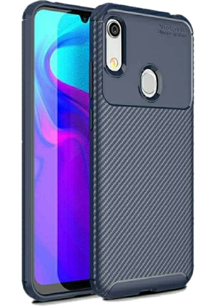 Huawei Y6s 2019 Kılıf Karbon Desenli Lux Negro Silikon Lacivert + Cam Ekran Koruyucu