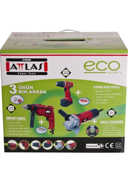 ECO SET 3' lü Set Akülü Vidalama Taşlama Matkap Seti