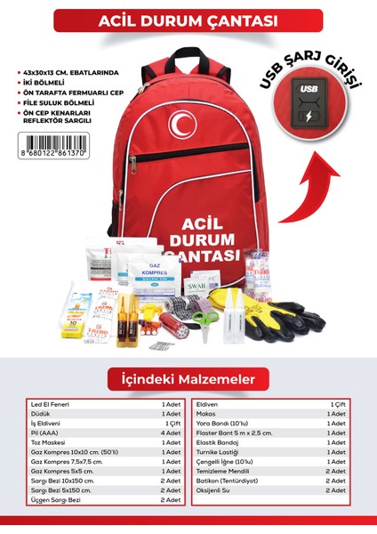 Deprem Çantası - Afet ve Acil Durum Ilk Yardım Seti / Çantası