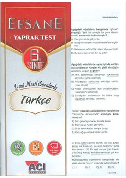 Türev Yayınları 6. Sınıf Türkçe Çek Kopart Yaprak Test