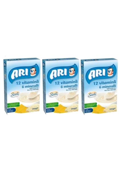 Arı Mama Pirinç Unu 200 gr Sütlü 12 Vitaminli 6 Mineralli 3'lü Set