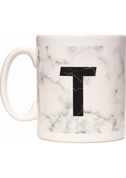 Baş Harf T Harfli Kişiye Özel Mermer Tasarımlı Kupa Bardak