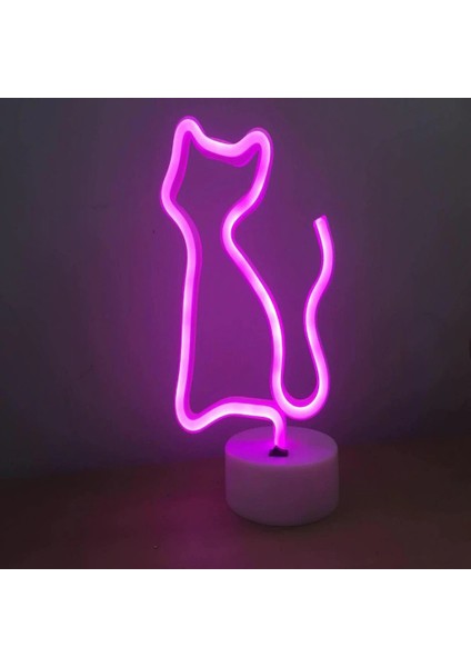 Pembe Kedi Neon LED Işıklı Masa Lambası