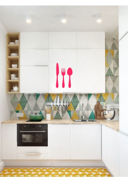 Pembe Renk Çatal Kaşık Bıçak Mutfak Sticker 19 x 29 cm