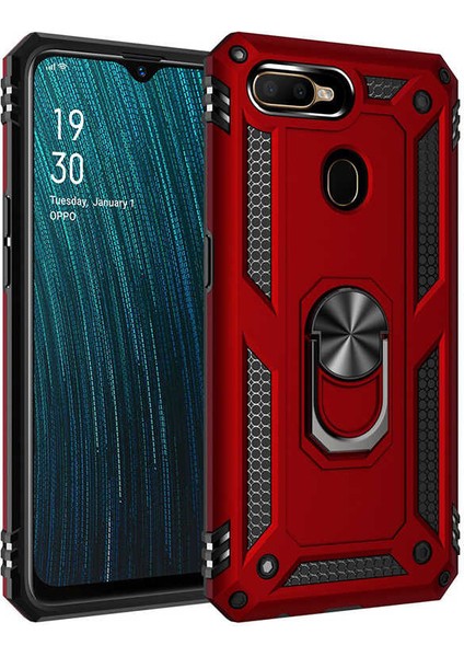 Oppo A5S Kılıf Shockproof Standlı Yüzük Tutuculu Mega Case Kırmızı + Nano Glass Ekran Koruyucu