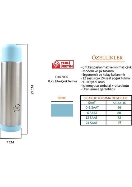Çelik Termos 0,75 Lt Ckr-2002 Mavi