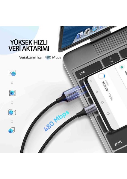 Örgülü USB Type-C Şarj ve Data Kablosu 50 CM