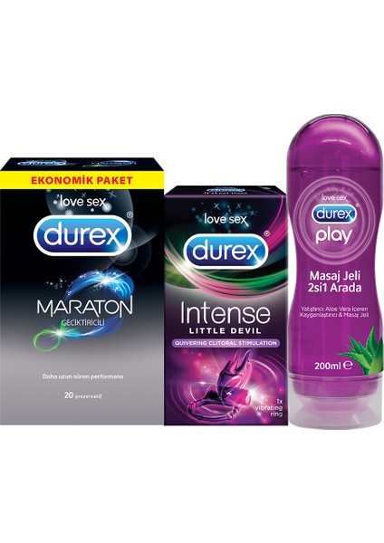 Performans Paketi - Maraton 20LI Prezervatif, Aloe Vera ve Masaj Jeli 200ML, Little Devil Titreşimli Halka