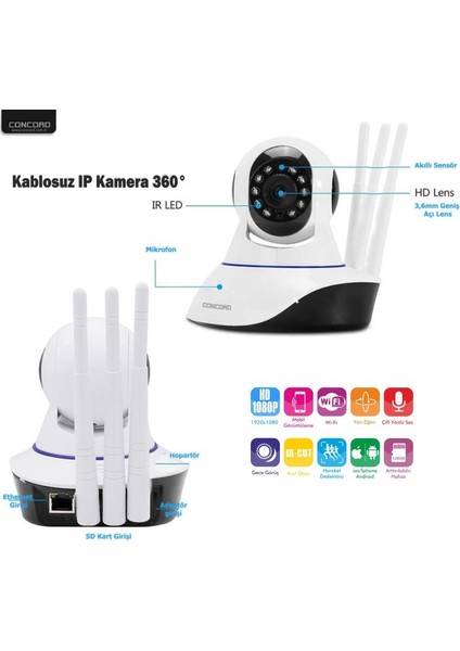 C620 Kablosuz Wifi Ip Gece Görüşlü 1080P Türkçe Kamera