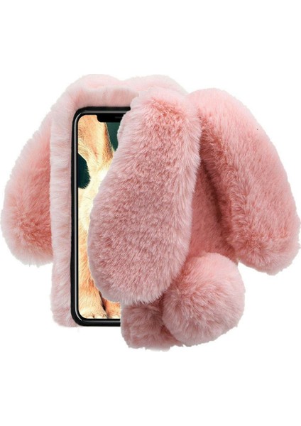 Apple iPhone 11 Kılıf Peluş Tüylü Tavşan Kulak Silikon Tpu Kapak Pembe