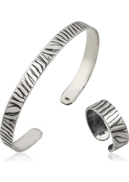 Gümüş Zebra Desenli Bileklik ve Yüzük Set
