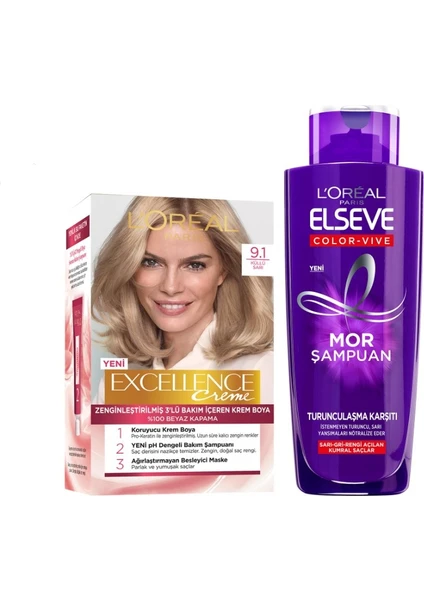 L'oréal Paris Elseve Turunculaşma Karşıtı Mor Şampuan 200ML & Saç Boyası - Excellence Creme 9.1 