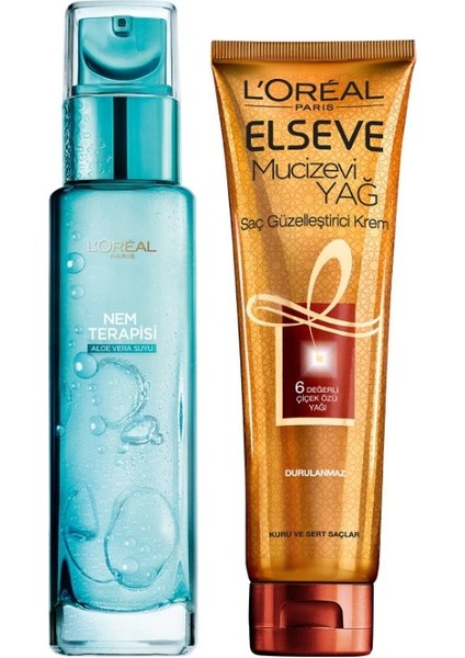 L'Oréal Paris Elseve Mucizevi Yağ Saç Güzelleştirici Krem 150 ml & L'Oréal Paris Nem Terapisi Aloe Vera Suyu Normalden Karmaya Ciltler