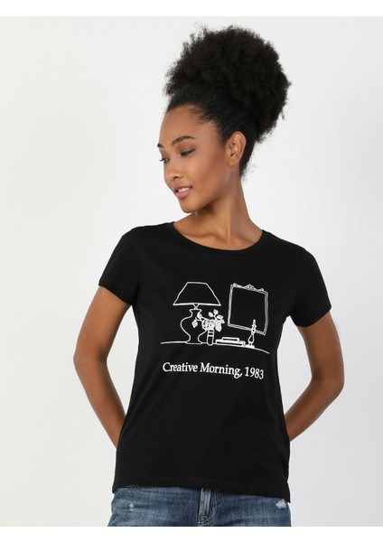 Colins Regular Fit Bisiklet Yaka Kadın Siyah Kısa Kol Tişört fiyatları