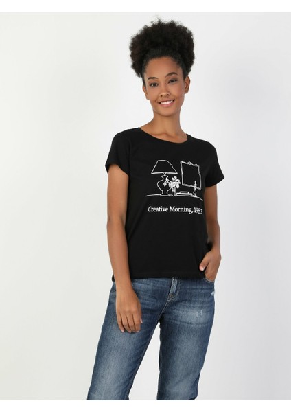 Colins Regular Fit Bisiklet Yaka Kadın Siyah Kısa Kol Tişört fırsatları