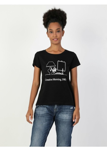 Colins Regular Fit Bisiklet Yaka Kadın Siyah Kısa Kol Tişört indirimleri