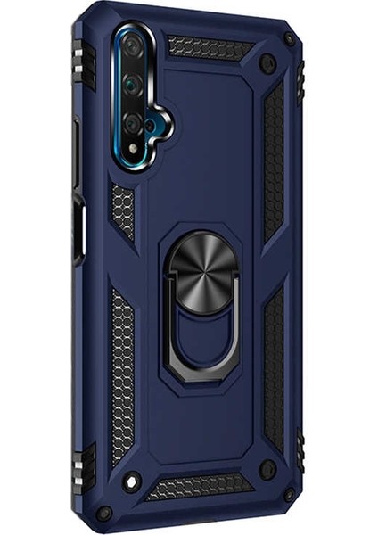 Huawei Honor 20 Kılıf Vega Standlı Yüzüklü Mıknatıslı + Nano Glass Lacivert