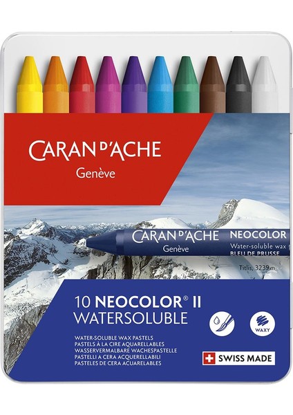 Caran d'Ache Neocolor 10 Renk Water Soluble Wax Pastel Boya