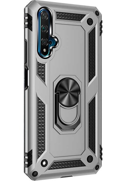 Huawei Honor 20 Kılıf Vega Standlı Yüzüklü Mıknatıslı Silikon Gümüş