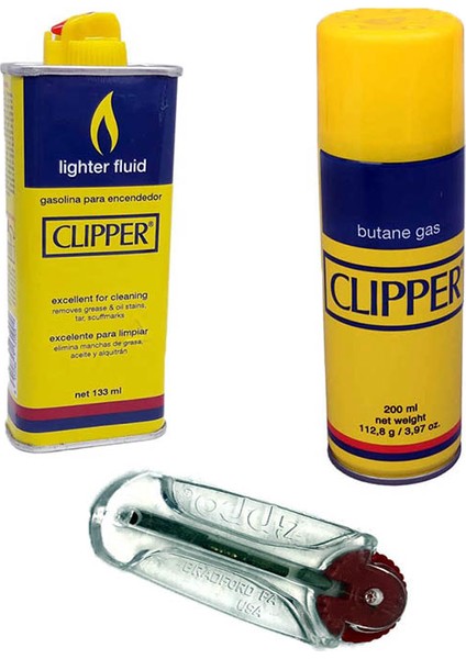 Clipper 133ML Benzin- Clipper 200 ml Çakmak Gazı ve 5'li Çakmak Taşı