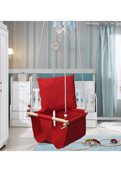 Ahşap Yastıklı Bebek Tavan Salıncağı - Kırmızı