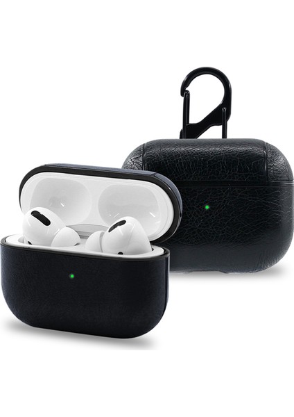Airpods Pro Kulaklık ve Şarj Ünitesi Deri Kılıf - Siyah
