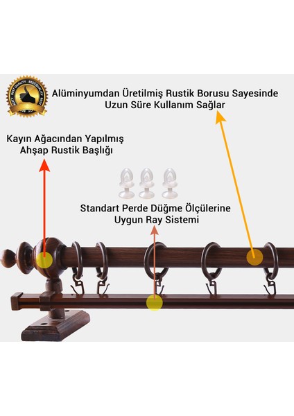 Ceviz Ahşap Rustik Perde Askısı - Raylı Rustik Borusu 100 cm