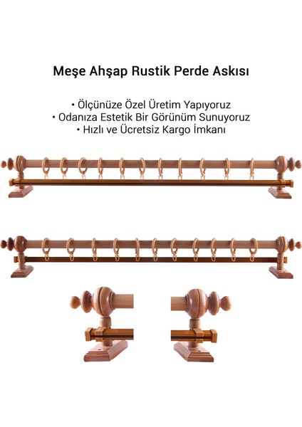 Meşe Ahşap Rustik Perde Askısı - Raylı Rustik Borusu 150 cm