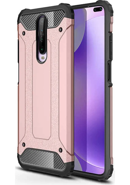 Case 4U Xiaomi Redmi K30 Kılıf Military Armor Çift Katmanlı Crash Silikon Kılıf + Cam Ekran Koruyucu Rose Gold