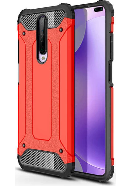 Case 4U Xiaomi Redmi K30 Kılıf Military Armor Çift Katmanlı Crash Silikon Kılıf + Cam Ekran Koruyucu Kırmızı