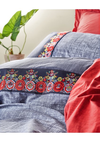 Folk Art Ranforce Çift Kişilik Nevresim Takımı Lacivert
