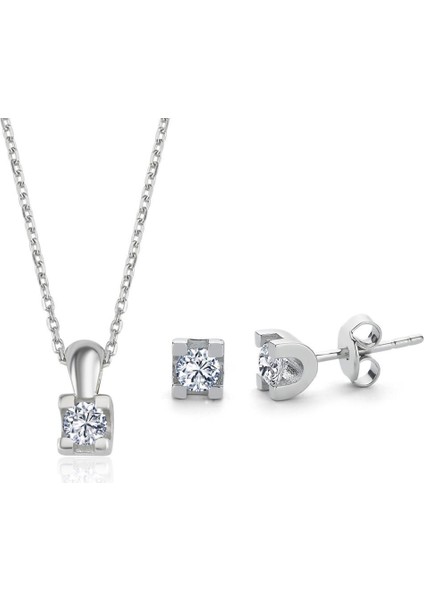 Swarovski Zirconia 0.60 Karat U Model Tektaş Ikili Gümüş Set