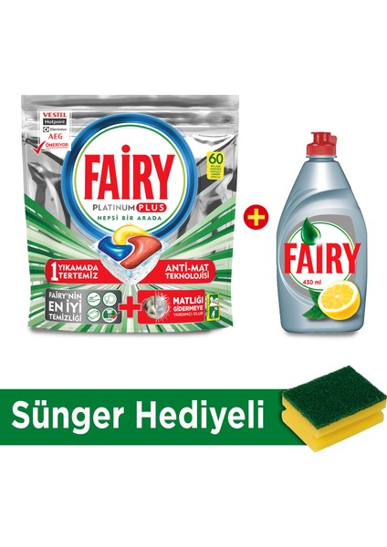 Platinum Plus 60 Yıkama + Fairy Platinum 430 ml Sıvı Bulaşık Deterjanı Limon + Sünger