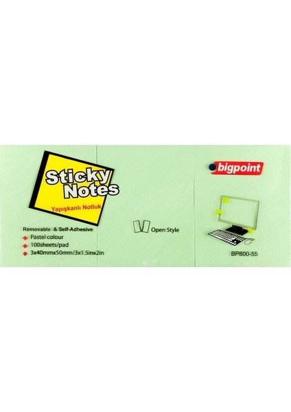 Yapışkanlı Not Kağıdı 3'lü 40x50mm Yeşil 4'lü Paket