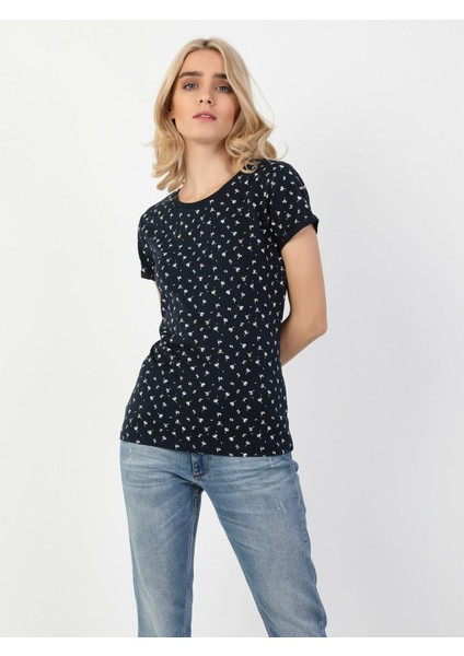 Colins Slim Fit Bisiklet Yaka Kadın Lacivert Kısa Kol Tişört indirimleri