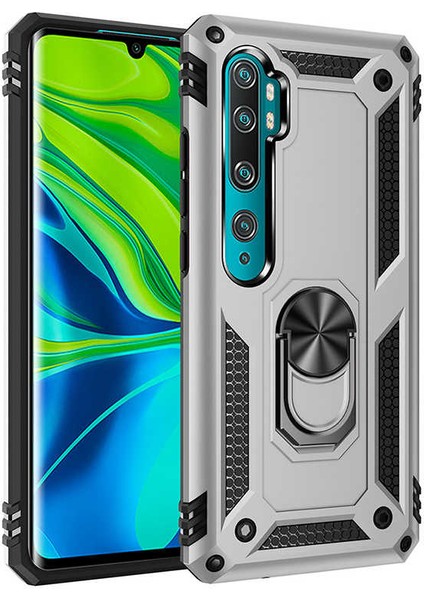 Xiaomi Mi Note 10 Kılıf Çift Katmanlı Yüzüklü Manyetik Vega Kapak Gümüş + Tam Kaplayan 5D Cam Ekran Koruyucu