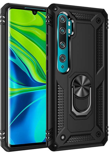 Xiaomi Mi Note 10 Kılıf Çift Katmanlı Yüzüklü Manyetik Vega Kapak Siyah + Tam Kaplayan 6D Nano Ekran Koruyucu