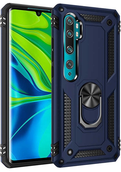 Xiaomi Mi Note 10 Kılıf Çift Katmanlı Yüzüklü Manyetik Vega Kapak Lacivert + Full Body Ekran Koruyucu