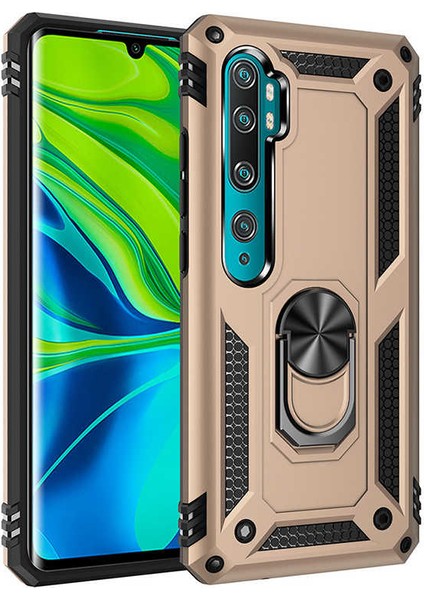 Xiaomi Mi Note 10 Kılıf Çift Katmanlı Yüzüklü Manyetik Vega Kapak Gold + Full Body Ekran Koruyucu 360 Ön Arka