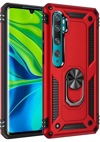 Xiaomi Mi Note 10 Kılıf Çift Katmanlı Yüzüklü Manyetik Vega Kapak Kırmızı + Full Body Ekran Koruyucu 360 Ön Arka