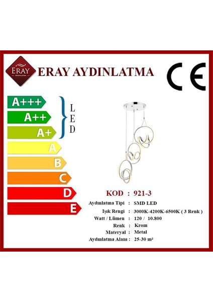 921-3 Krom 3 Lü LED Avize